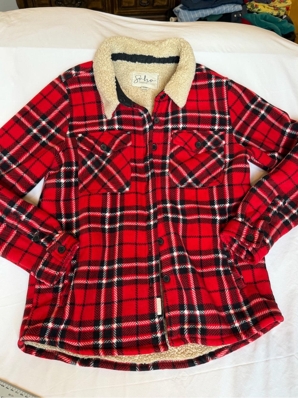 Soho Red Black Plaid Sherpa-Lined Button Front Hoodie